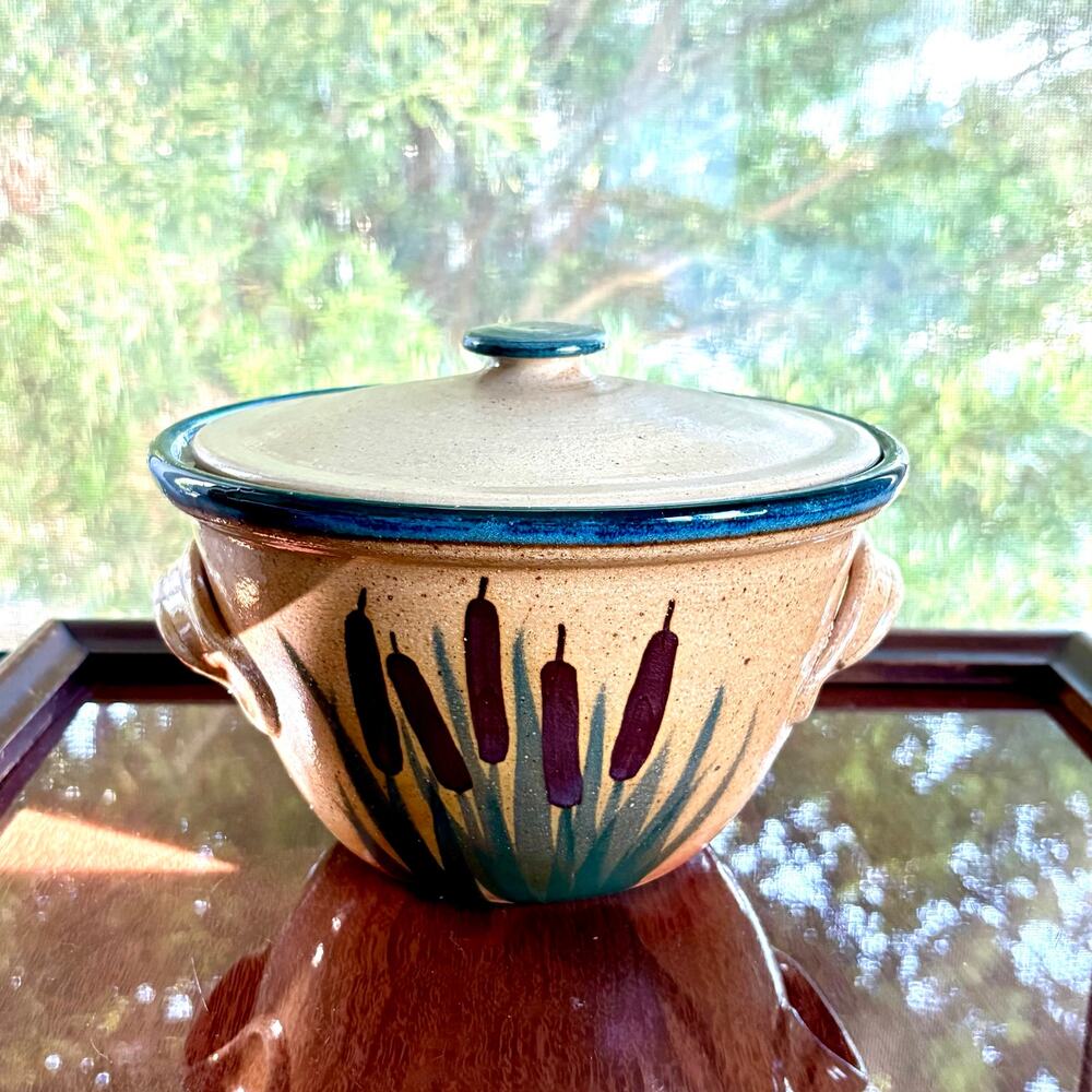 Vintage Monroe Salt Works Maine Pottery Lidded Casserole Dish Cattail / Wheat